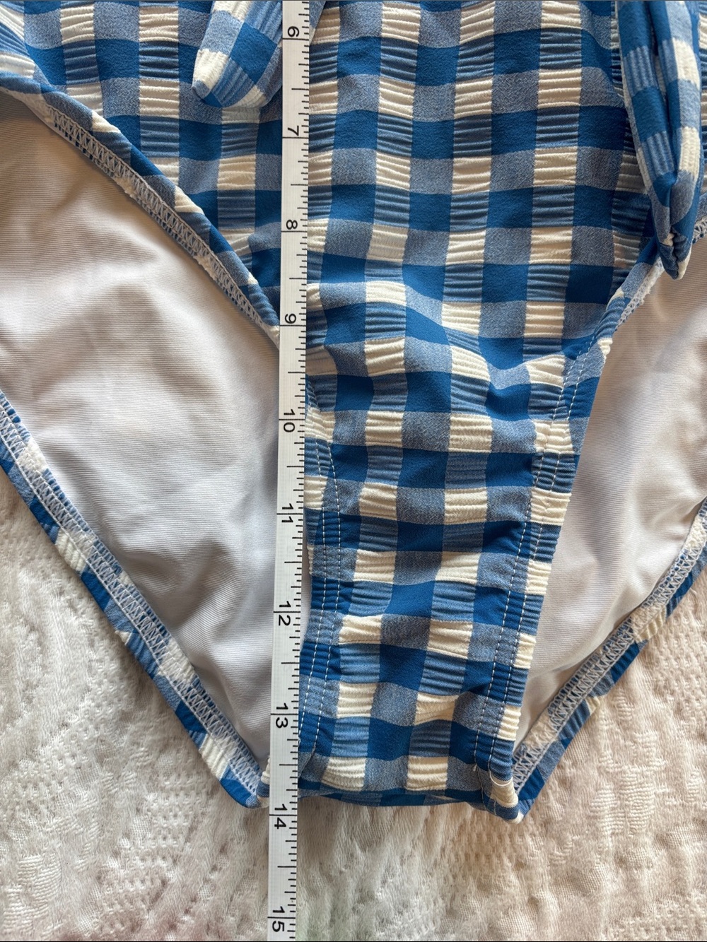 Gianni Bini Blue and White Gingham High Rise Puff Sleeve Bikini Swimsuit Size M - Picture 7 of 12